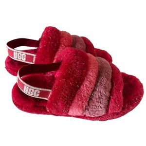 UGG Fluff Yeah Slide Slippers Fuzzy Faux Fur Backstrap Sandals Red‎ Ombré SIZE 5